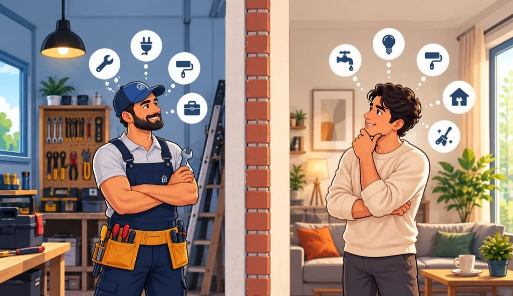 A home-service professional and a homeowner, with icons for plumbing, electrical, painting and other home jobs