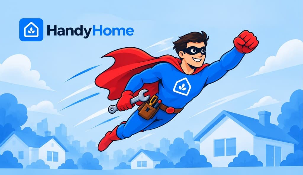 Illustrated HandyHome professional flying over neighborhood homes